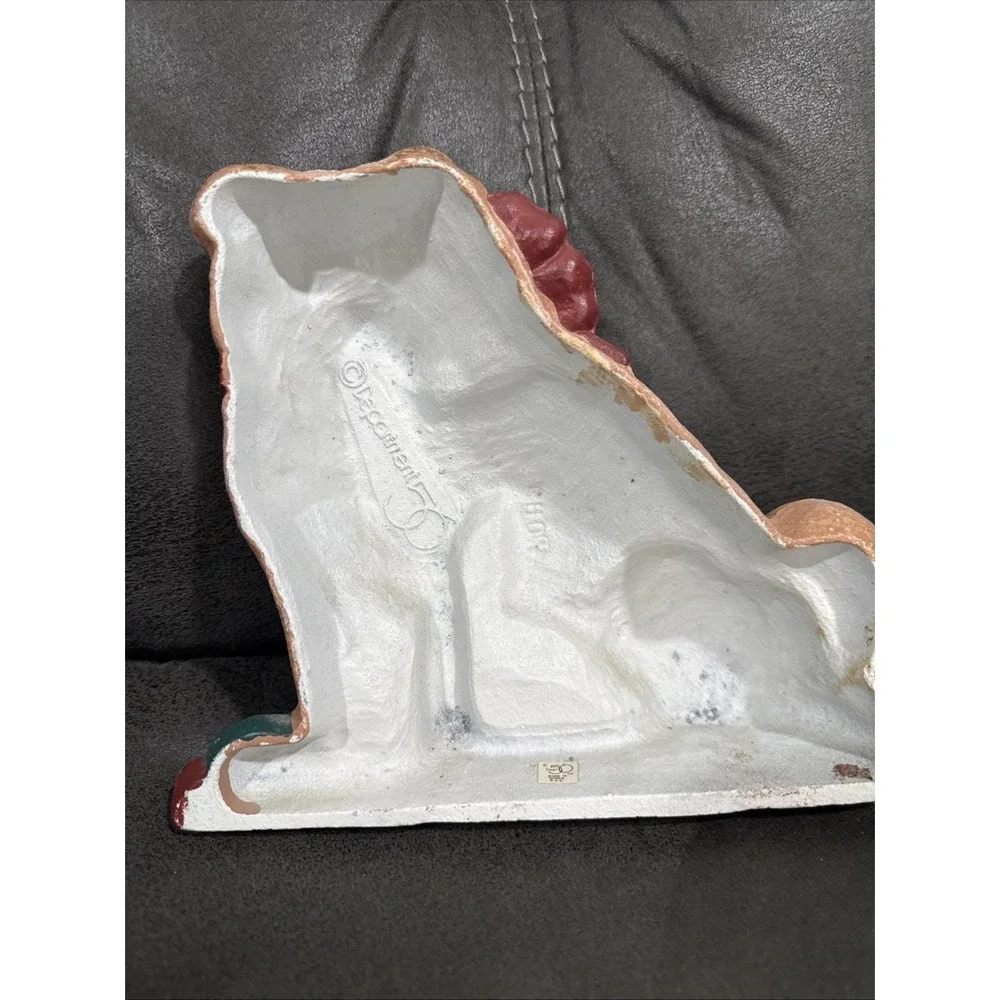 Vintage Department 56 Cast Iron Pug Dog Doorstop Red Bow Figurine Heavy Tan